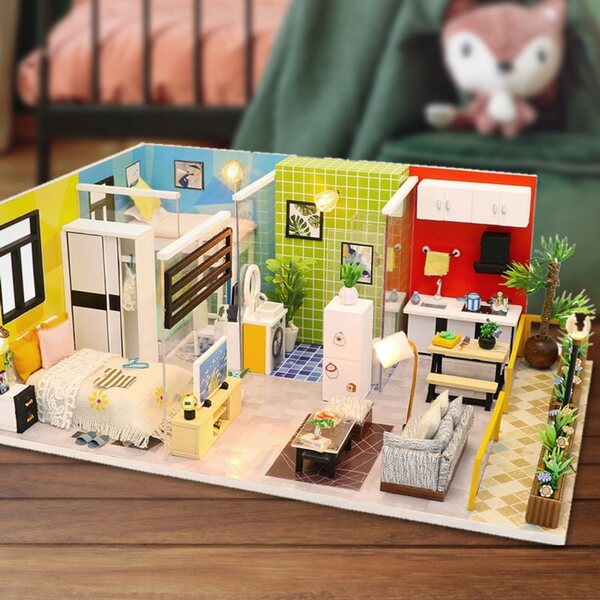 Habarri 11 cm DIY-Puppenhaus mit LED-Beleuchtung – Miniatur-Holzset