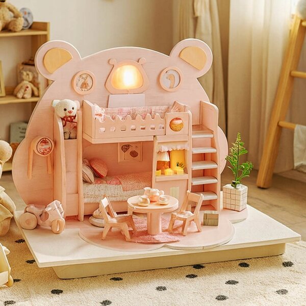 Miniatura Casa Rosa con Orsetto e Luci LED - Set Creativo DIY in Legno per Bambini