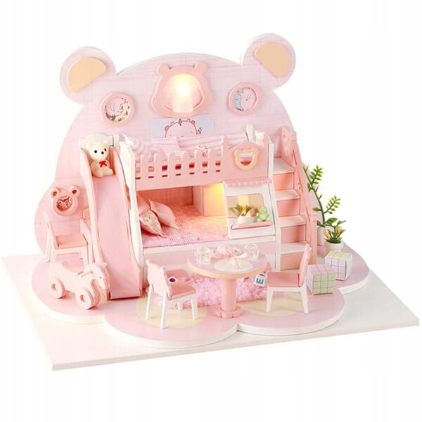 Miniatura Casa Rosa con Orsetto e Luci LED - Set Creativo DIY in Legno per Bambini