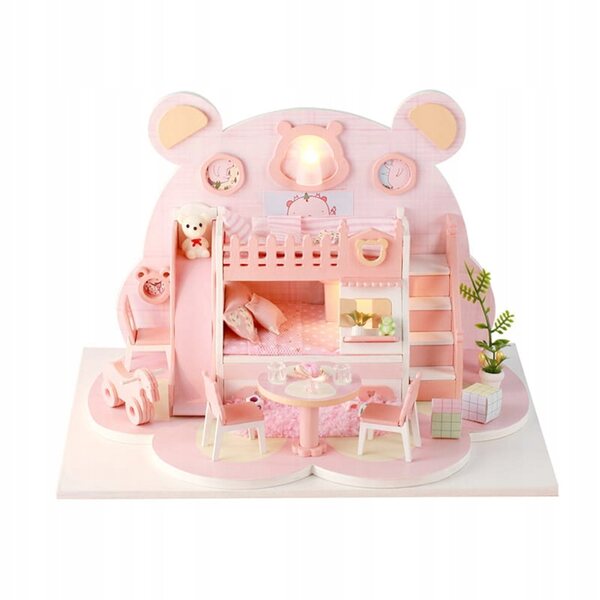 Miniatura Casa Rosa con Orsetto e Luci LED - Set Creativo DIY in Legno per Bambini
