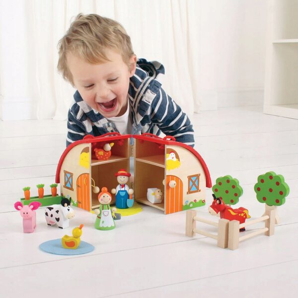 Bigjigs Toys Mini-Holzfarm mit Tieren und Zubehör für Kinder ab 3 Jahren