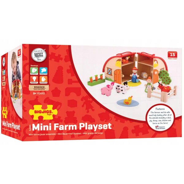 Bigjigs Toys Mini-Holzfarm mit Tieren und Zubehör für Kinder ab 3 Jahren