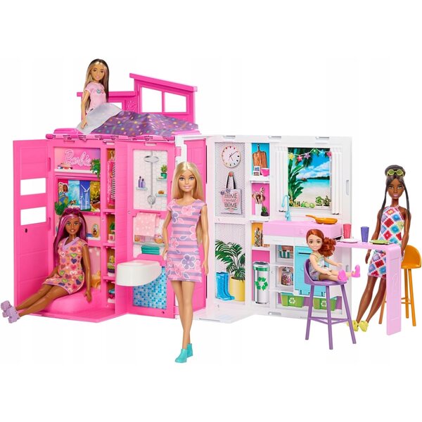 Zusammenklappbares Barbie-Puppenhaus mit Puppe und Zubehör, Set für Kinder ab 3 Jahren
