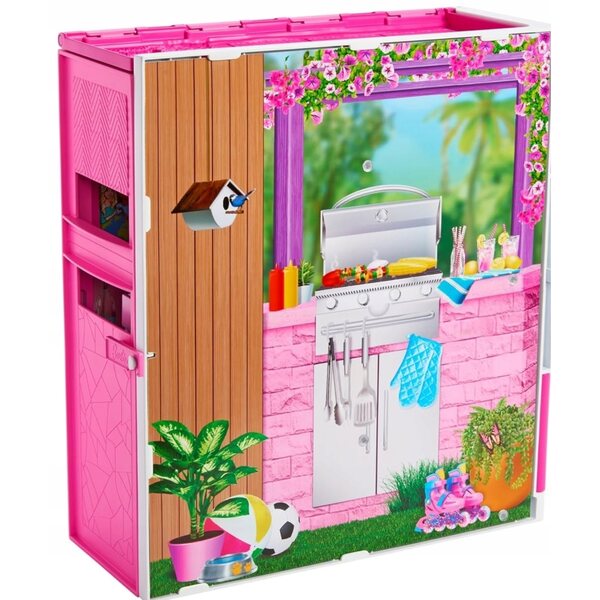 Zusammenklappbares Barbie-Puppenhaus mit Puppe und Zubehör, Set für Kinder ab 3 Jahren