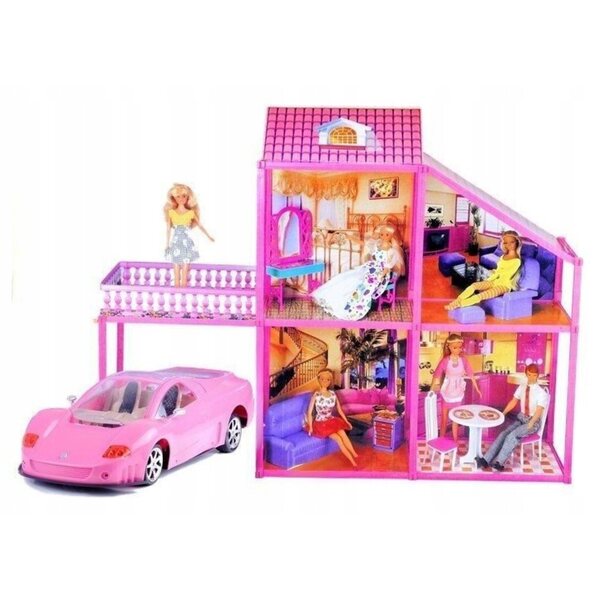 Puppenhaus mit rosa Auto Lean Toys 67 cm – Villa mit zwei Etagen und Möbeln