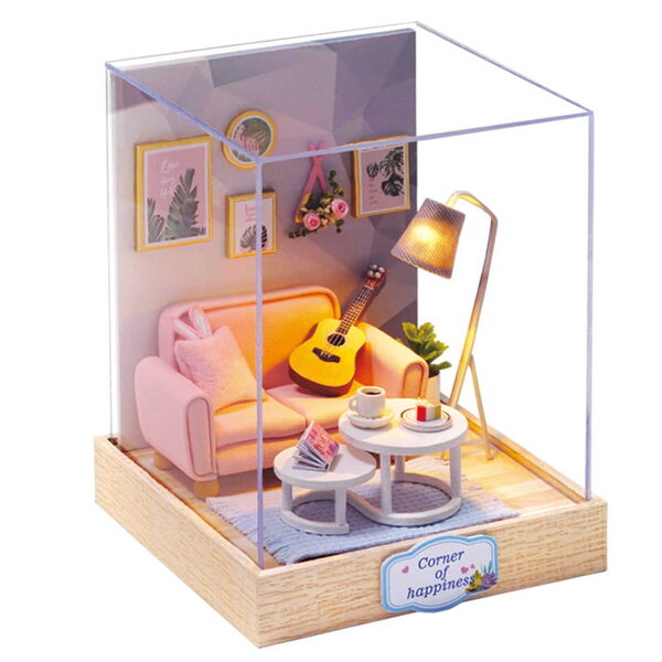 Miniaturowy Domek Popołudnie z Gitarą Pokój Muzyka DIY Prezent Różowy LED