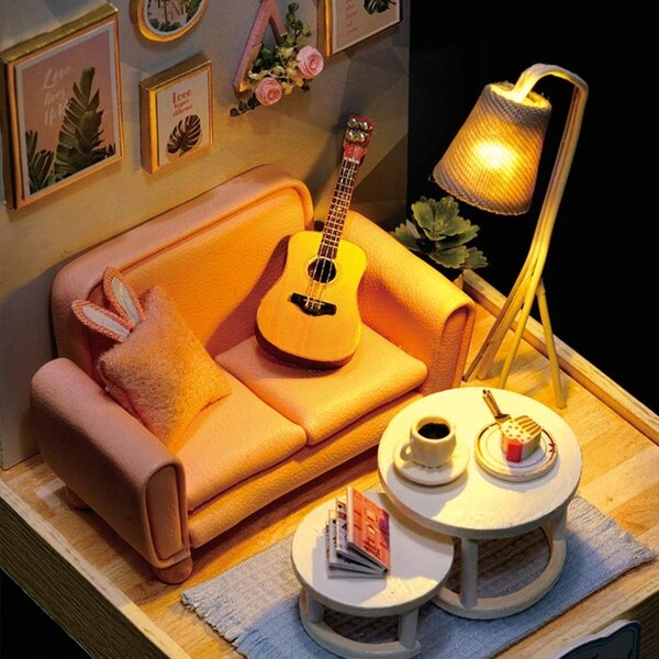 Miniaturowy Domek Popołudnie z Gitarą Pokój Muzyka DIY Prezent Różowy LED