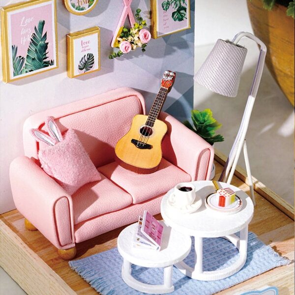 Miniaturowy Domek Popołudnie z Gitarą Pokój Muzyka DIY Prezent Różowy LED