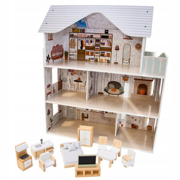 Casa delle bambole in legno Lili da 70 cm con LED e mobili: sicura e creativa