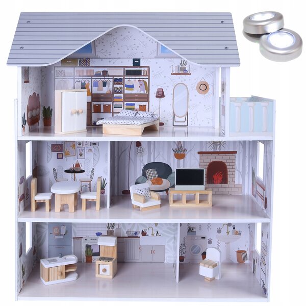Casa delle bambole in legno Lili da 70 cm con LED e mobili: sicura e creativa