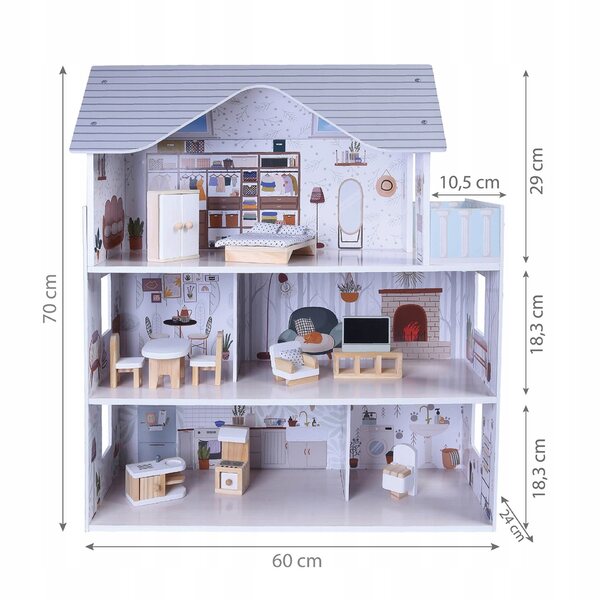 Casa delle bambole in legno Lili da 70 cm con LED e mobili: sicura e creativa
