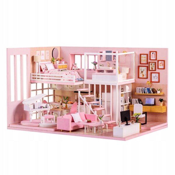 DIY Puppenhaus Habarri 6,5 cm – Duplex-Mini-Wohnung, rosa Zimmer
