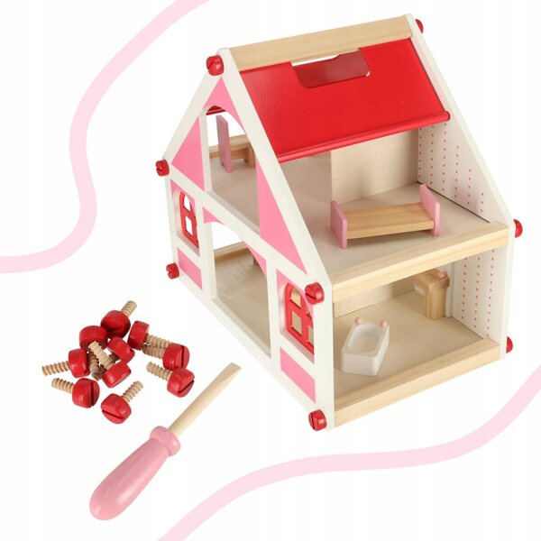 Casa delle bambole in legno rosa con mobili e accessori, 36 cm