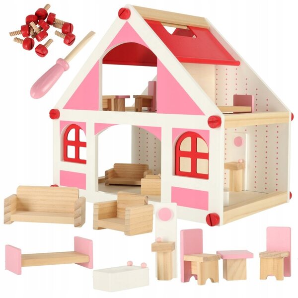 Casa delle bambole in legno rosa con mobili e accessori, 36 cm
