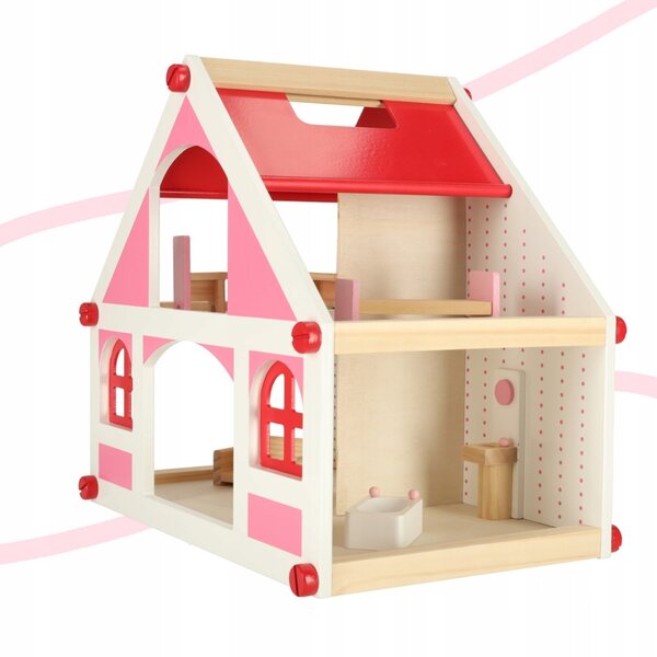 Casa delle bambole in legno rosa con mobili e accessori, 36 cm