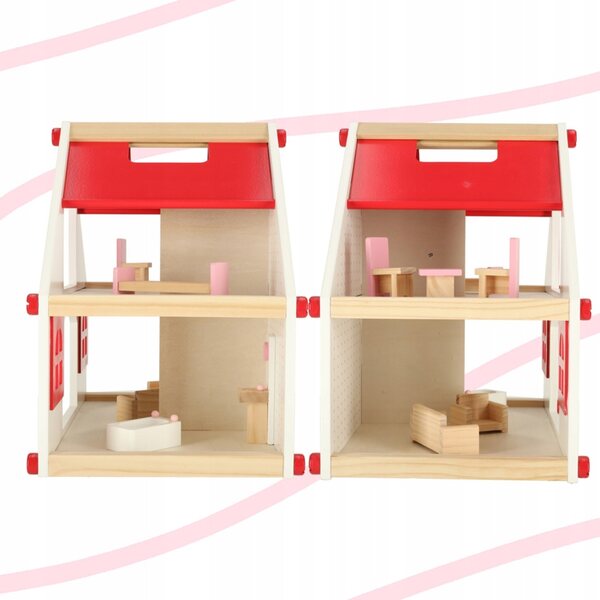 Casa delle bambole in legno rosa con mobili e accessori, 36 cm