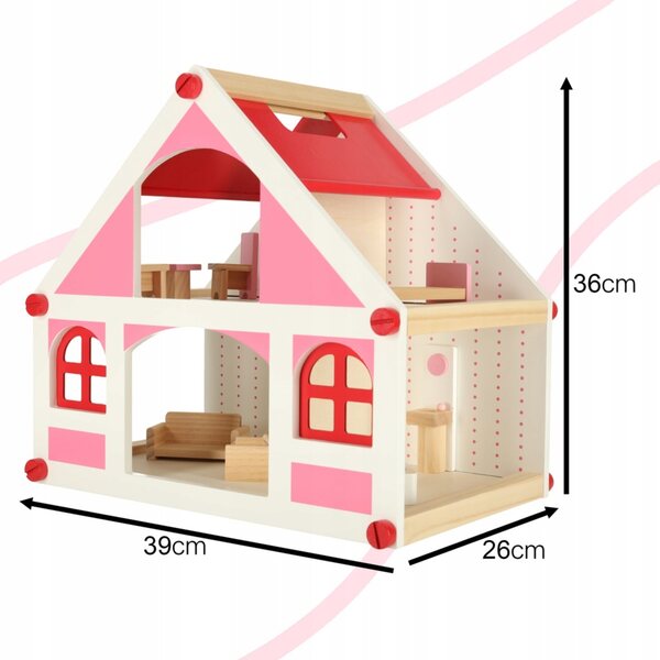 Casa delle bambole in legno rosa con mobili e accessori, 36 cm