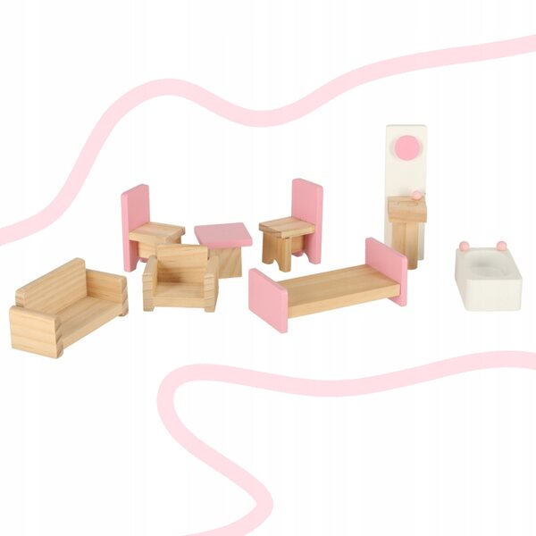 Casa delle bambole in legno rosa con mobili e accessori, 36 cm