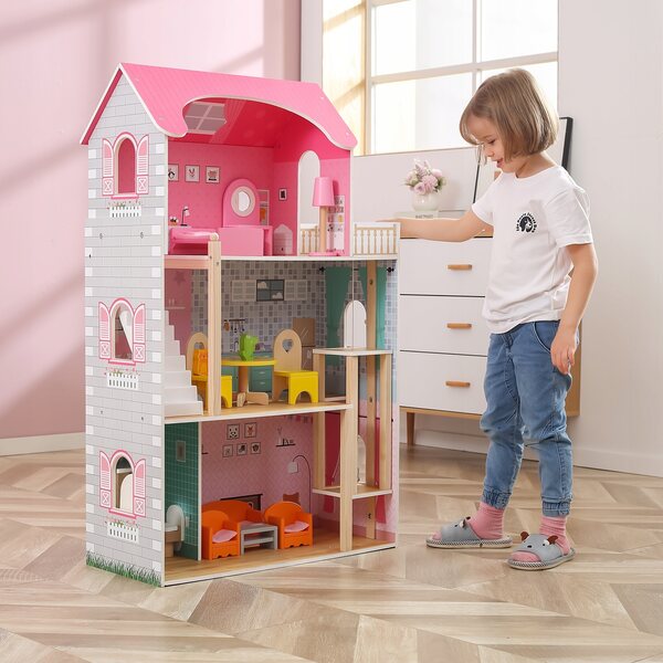 Grande Casa delle Bambole in Legno Viga 44570 con 3 Piani e Mobili Inclusi