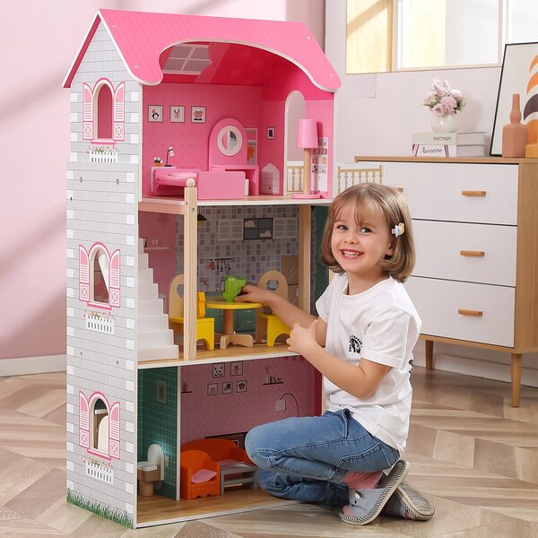 Grande Casa delle Bambole in Legno Viga 44570 con 3 Piani e Mobili Inclusi
