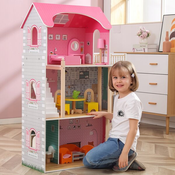 Grande Casa delle Bambole in Legno Viga 44570 con 3 Piani e Mobili Inclusi