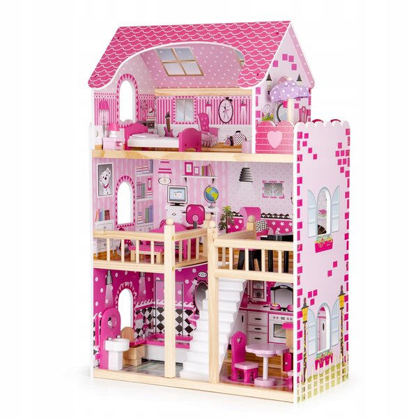 Dollhouse in Legno Ecotoys 90 cm con LED e 17 Mobili per Bambini 3+