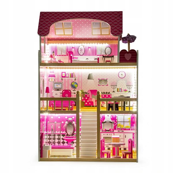 Dollhouse in Legno Ecotoys 90 cm con LED e 17 Mobili per Bambini 3+