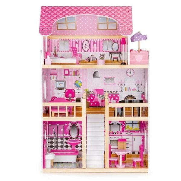 Dollhouse in Legno Ecotoys 90 cm con LED e 17 Mobili per Bambini 3+
