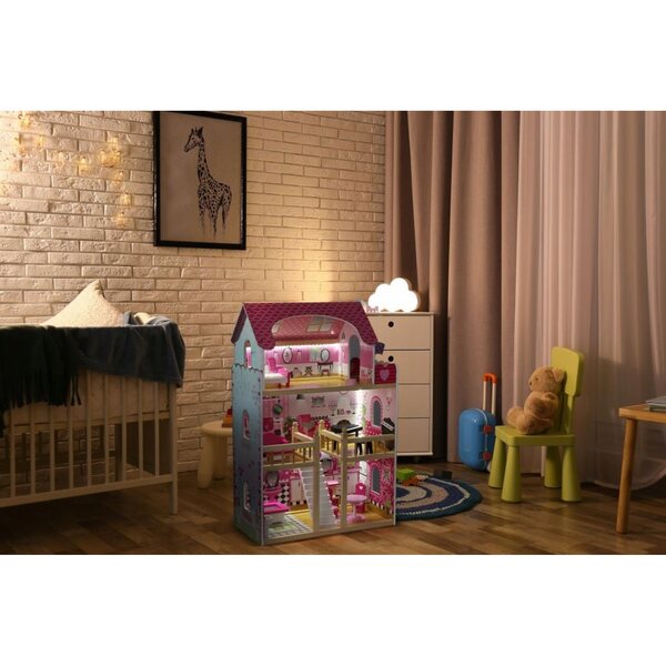 Dollhouse in Legno Ecotoys 90 cm con LED e 17 Mobili per Bambini 3+