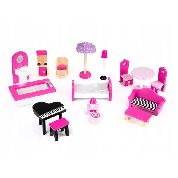 Dollhouse in Legno Ecotoys 90 cm con LED e 17 Mobili per Bambini 3+