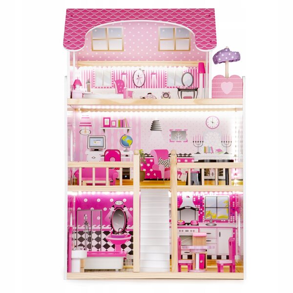 Dollhouse in Legno Ecotoys 90 cm con LED e 17 Mobili per Bambini 3+