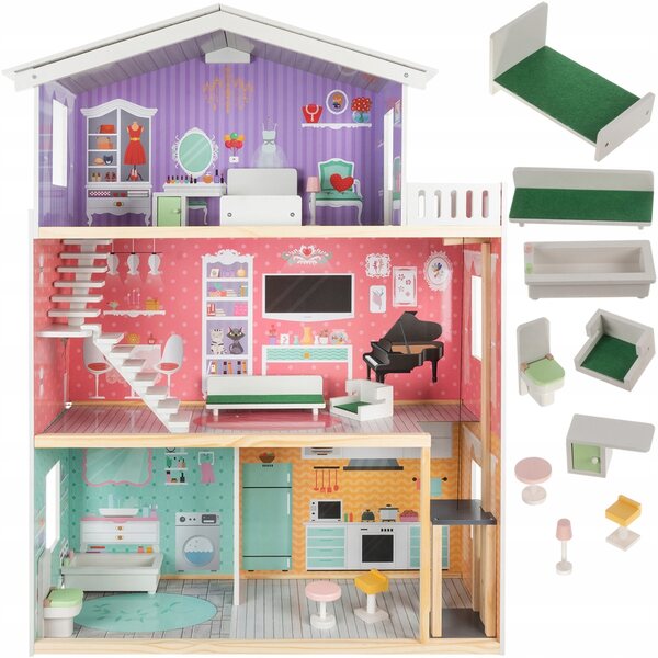 Grande casa delle bambole in legno Kruzzel 114 cm a 3 piani con mobili e accessori