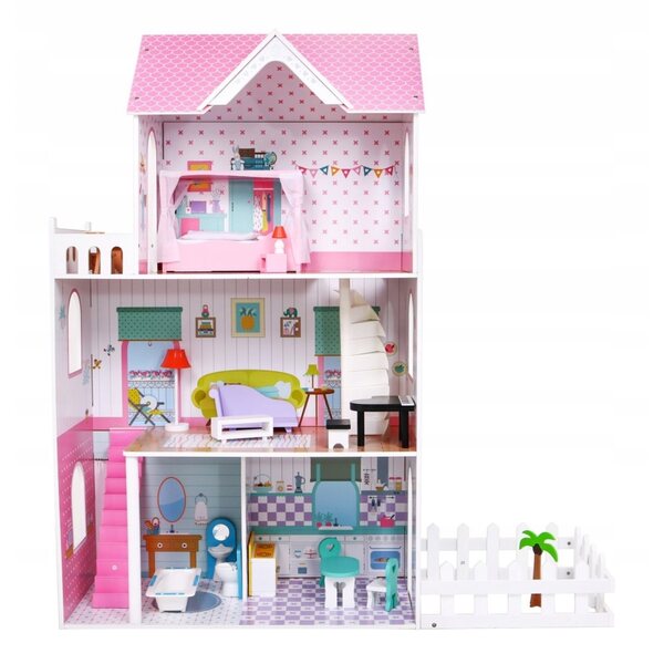 Casa delle bambole in legno Ramiz, grande, con mobili e giardino, 124 cm