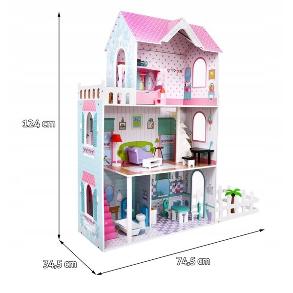 Casa delle bambole in legno Ramiz, grande, con mobili e giardino, 124 cm