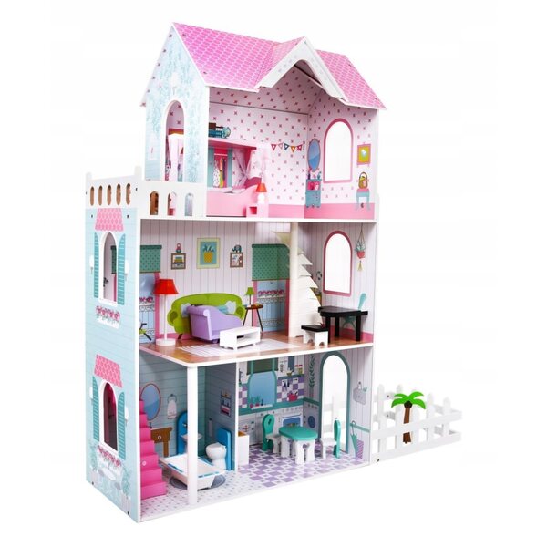 Casa delle bambole in legno Ramiz, grande, con mobili e giardino, 124 cm