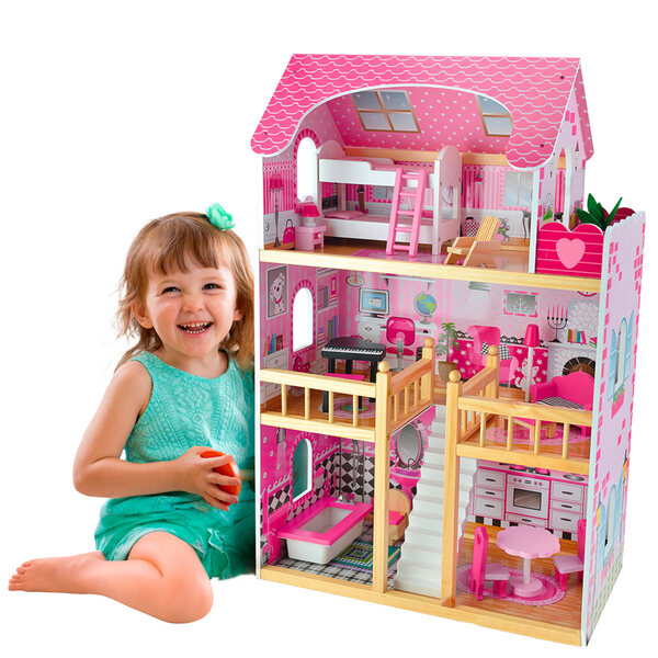 Casa per bambole Basia 90 cm in legno con mobili e accessori color rosa