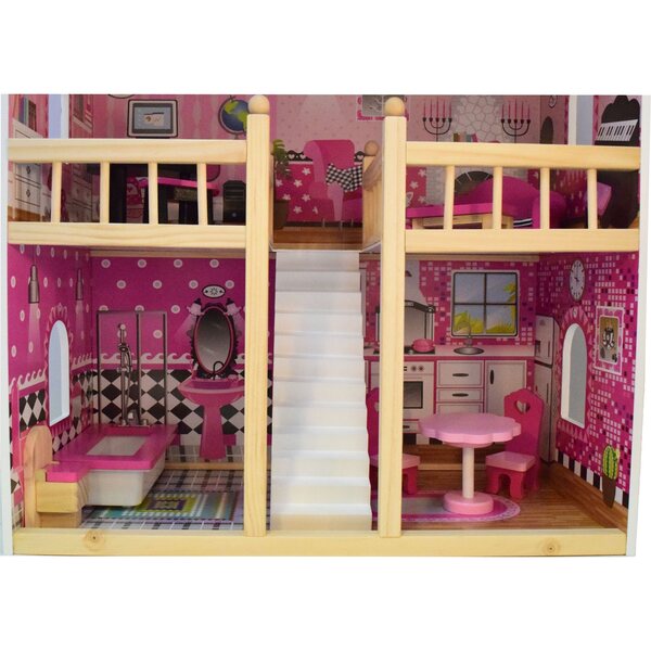 Casa per bambole Basia 90 cm in legno con mobili e accessori color rosa
