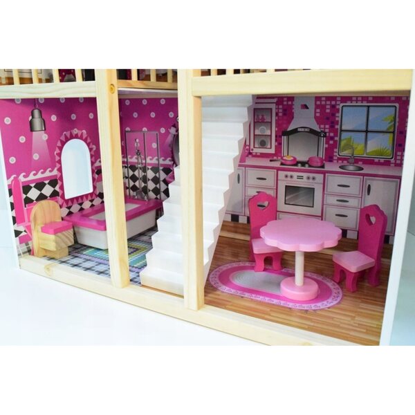 Casa per bambole Basia 90 cm in legno con mobili e accessori color rosa