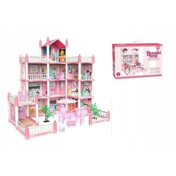 Rosafarbenes 4-stöckiges DIY-Puppenhaus mit 61 cm großen Möbeln aus Kunststoff und Pappe für Kinder ab 6 Jahren