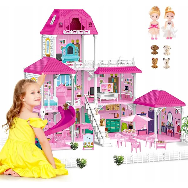 Casa delle bambole, set grande, villa a due piani, 63 cm, con mobili e accessori