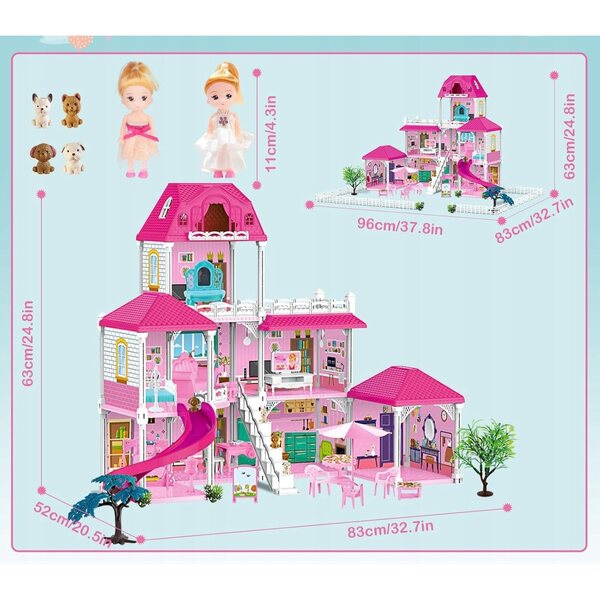 Casa delle bambole, set grande, villa a due piani, 63 cm, con mobili e accessori