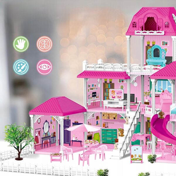 Casa delle bambole, set grande, villa a due piani, 63 cm, con mobili e accessori