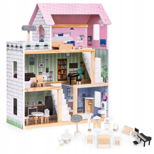 3-stöckiges Puppenhaus aus Holz mit Terrasse und 15 Ecotoys CE-Möbeln mit LED-Leuchten