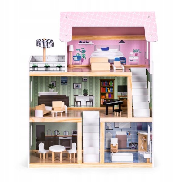 3-stöckiges Puppenhaus aus Holz mit Terrasse und 15 Ecotoys CE-Möbeln mit LED-Leuchten