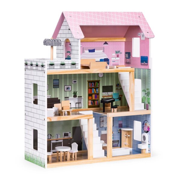 3-stöckiges Puppenhaus aus Holz mit Terrasse und 15 Ecotoys CE-Möbeln mit LED-Leuchten