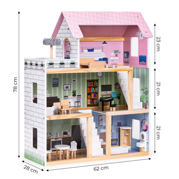 3-stöckiges Puppenhaus aus Holz mit Terrasse und 15 Ecotoys CE-Möbeln mit LED-Leuchten