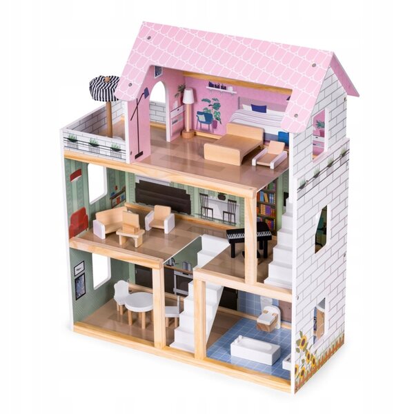 3-stöckiges Puppenhaus aus Holz mit Terrasse und 15 Ecotoys CE-Möbeln mit LED-Leuchten