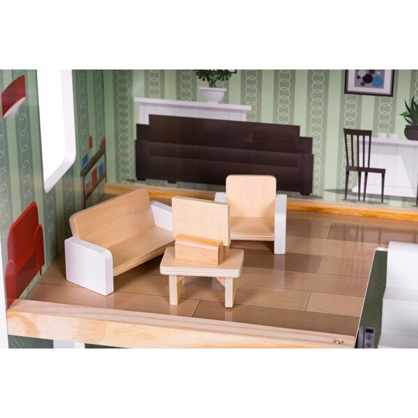 3-stöckiges Puppenhaus aus Holz mit Terrasse und 15 Ecotoys CE-Möbeln mit LED-Leuchten