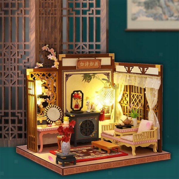 Miniatura Casa Sala Relax Pomeridiana Asia con Luci LED e Dettagli Orientali