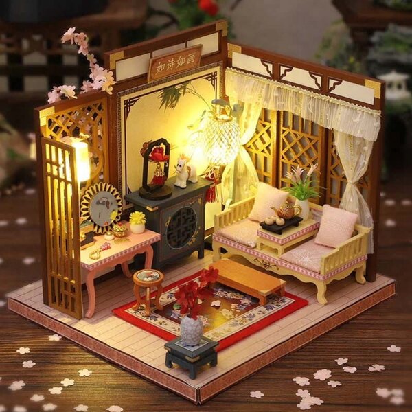 Miniatura Casa Sala Relax Pomeridiana Asia con Luci LED e Dettagli Orientali